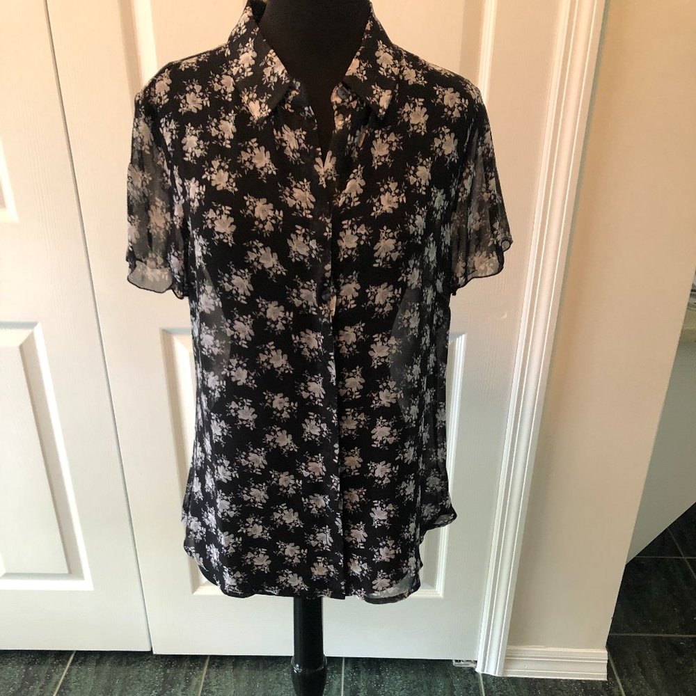 Coldwater Creek lightweight gray, black semi-sheer blouse - M